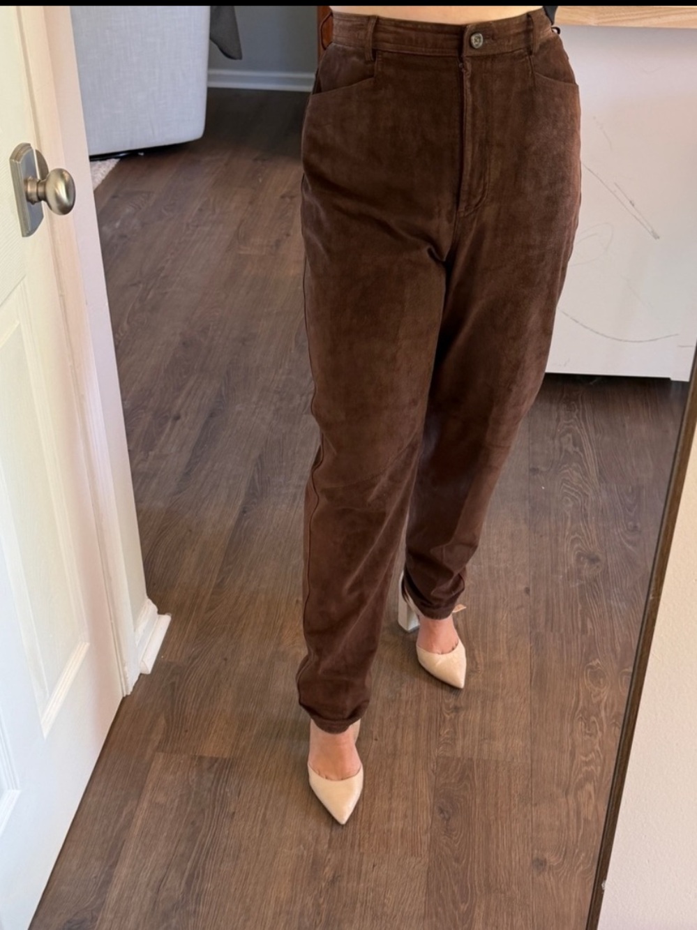 90s 100% Leather Valerie Stevens Silky Suede Brown High Rise Pants 12 Straight